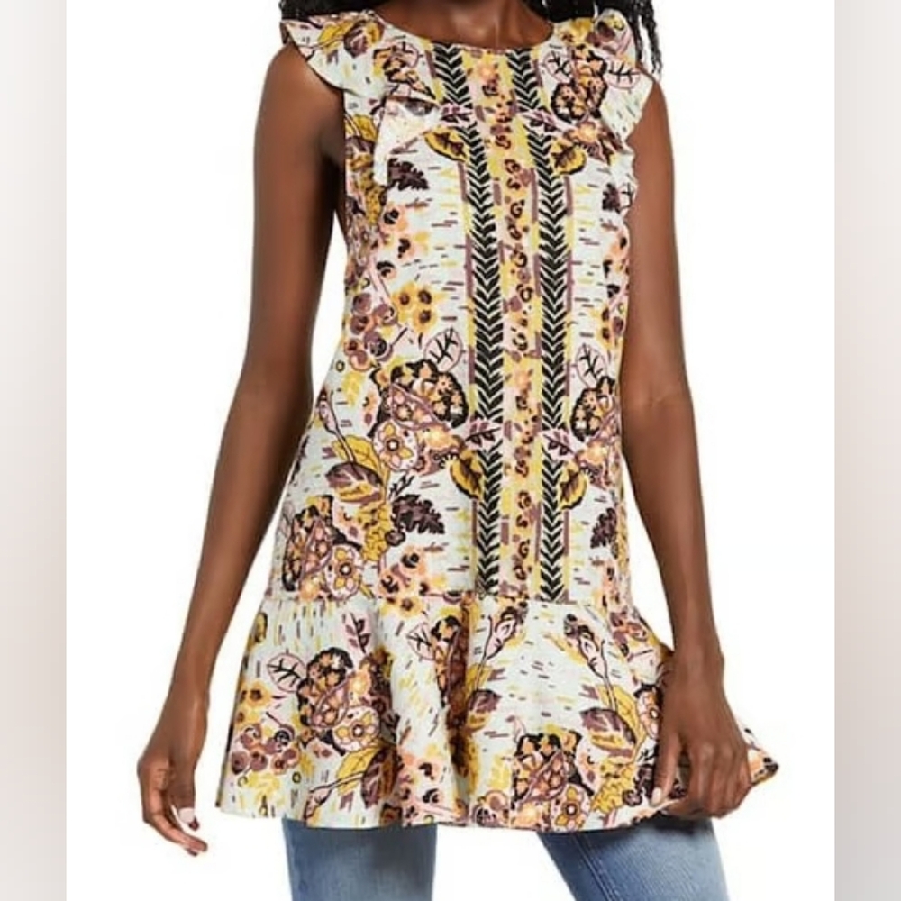 Free People Linen Blend Multicolor Floral Ruffle Sleeveless Tunic Misses M